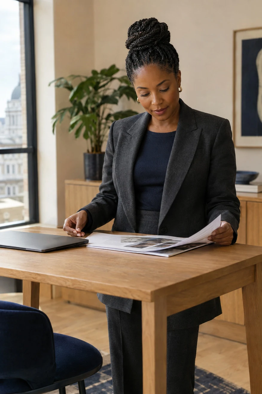 A founder reviewing a printed board pack at a standing desk in a bright office